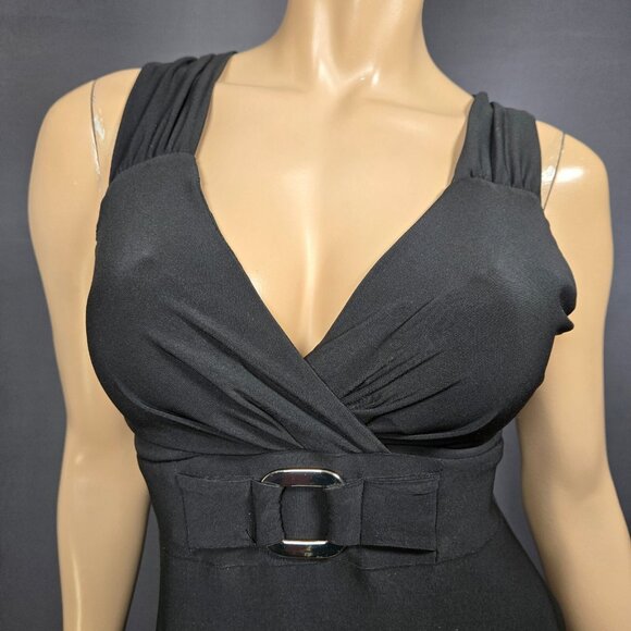 Vintage 90s Black Dress Size M Silver Buckle Lace Trim Witchy Goth Prom Party - Picture 2 of 8